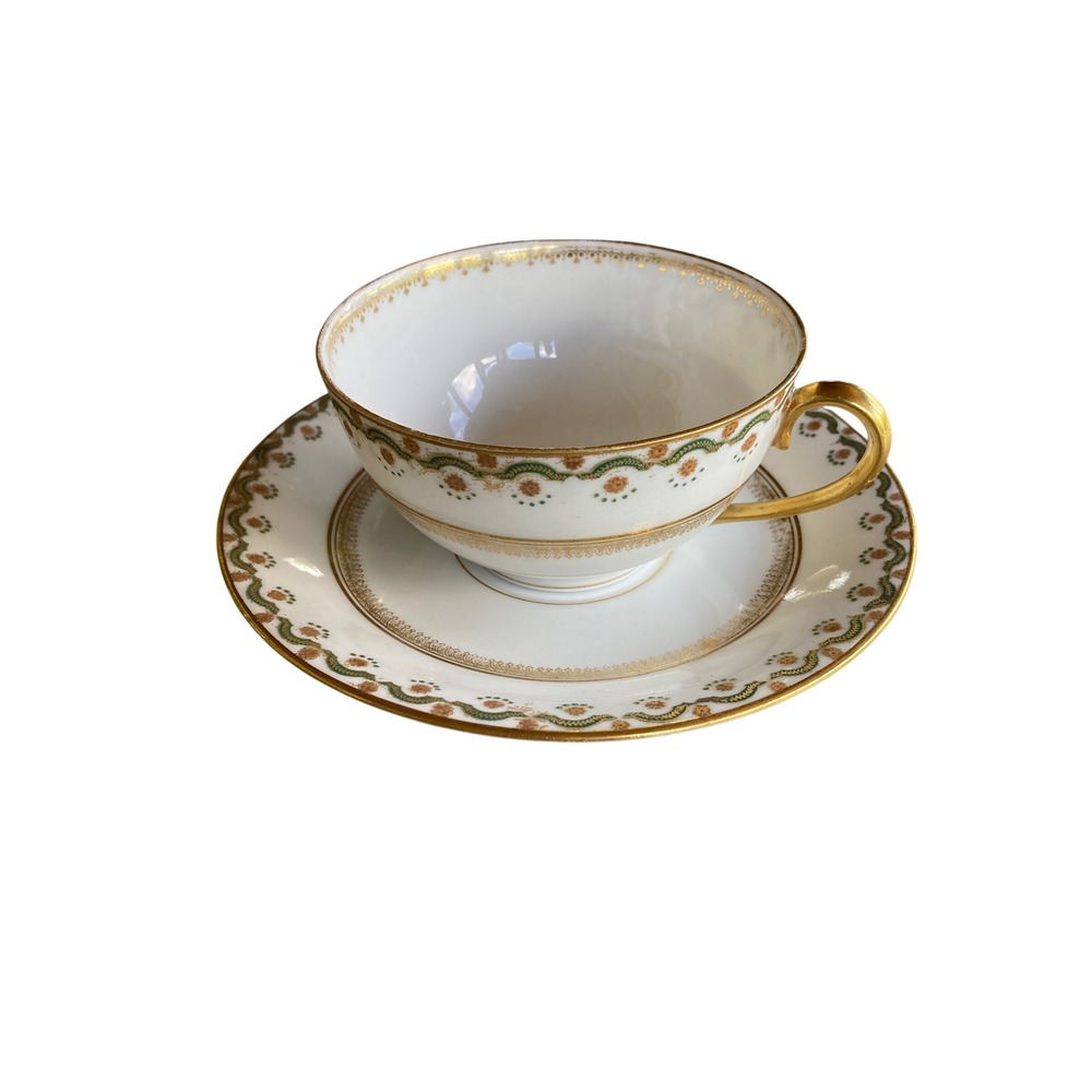 Elite Works Limoges France Teacup and Saucer Set Gold Floral Filigree Porcelain